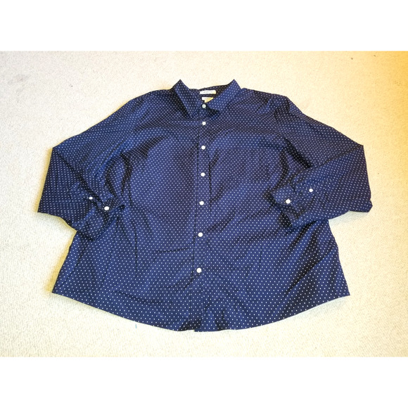 Womens Top-L.L. BEAN-navy/white patterned cotton button-up "Wrinkle Free" ls-3X - Picture 1 of 4